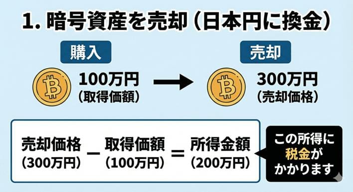暗号資産を売却した際に売却価額から取得価額を引いた額が所得金額となる